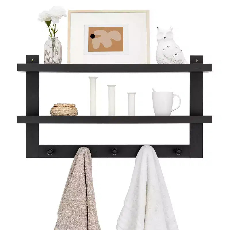 29 x 16 2-Tier Ledge Wall Shelf Organizer with Five Hanging Hooks - Danya B.
