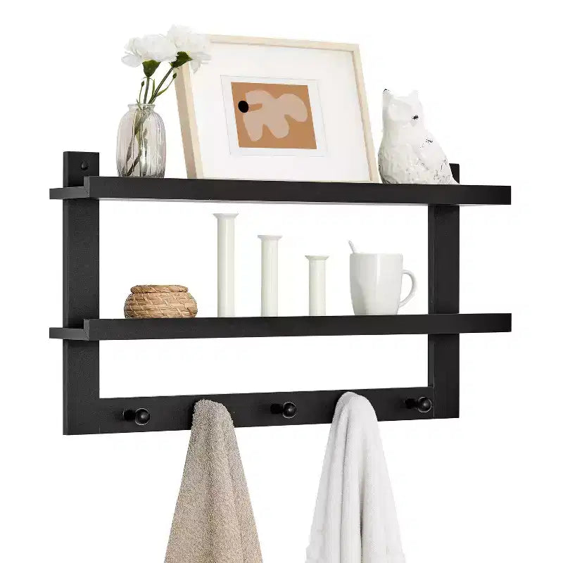 29 x 16 2-Tier Ledge Wall Shelf Organizer with Five Hanging Hooks - Danya B.