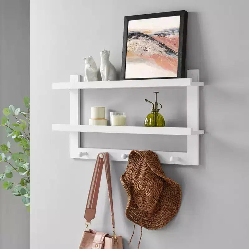 29 x 16 2-Tier Ledge Wall Shelf Organizer with Five Hanging Hooks - Danya B.