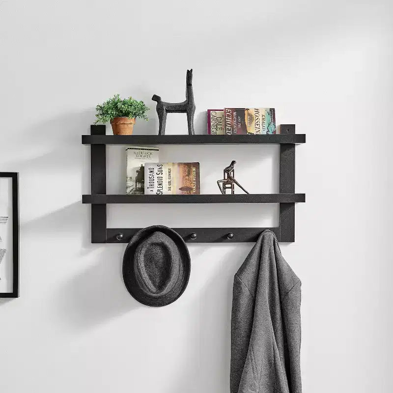 29 x 16 2-Tier Ledge Wall Shelf Organizer with Five Hanging Hooks - Danya B.