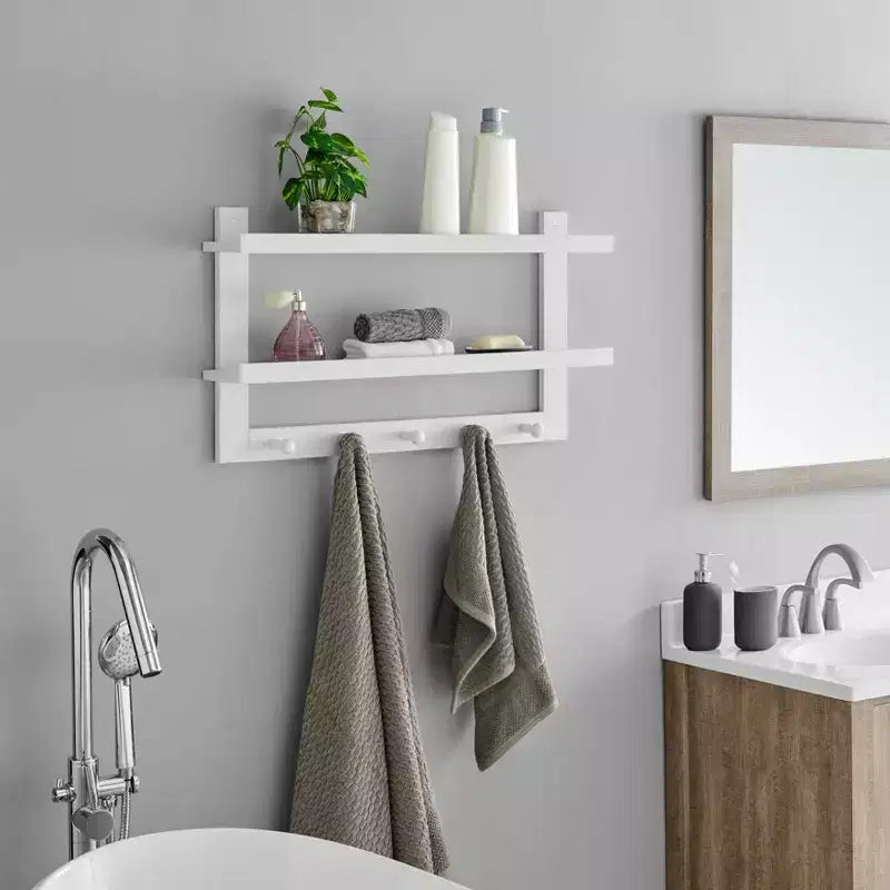 29 x 16 2-Tier Ledge Wall Shelf Organizer with Five Hanging Hooks - Danya B.