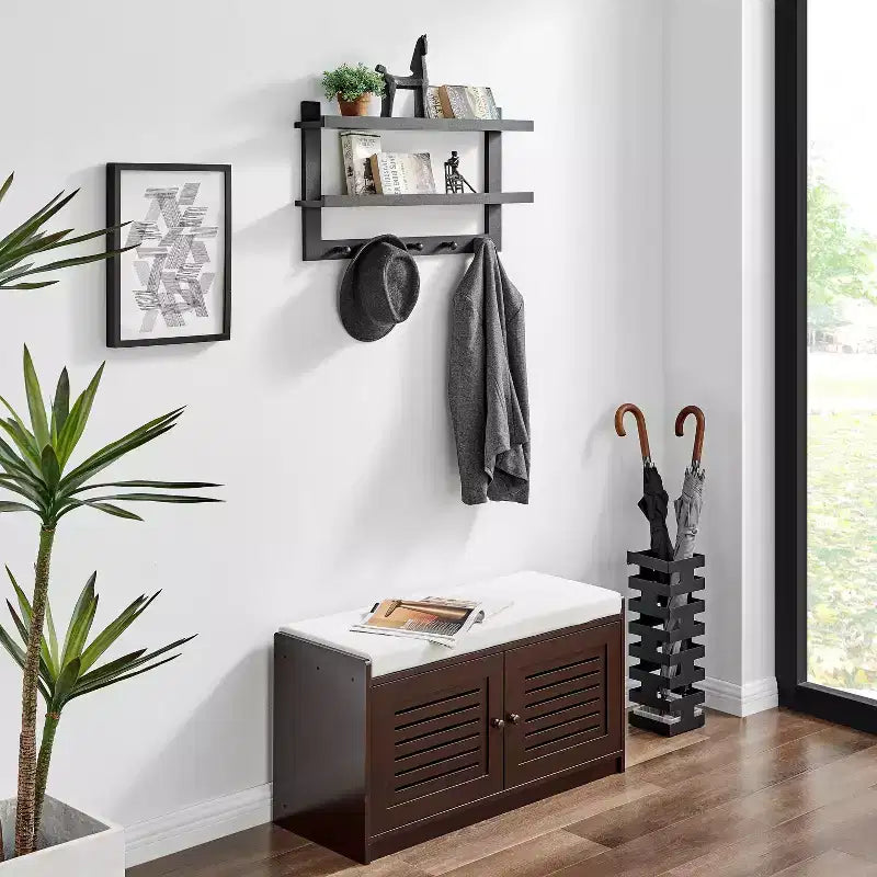 29 x 16 2-Tier Ledge Wall Shelf Organizer with Five Hanging Hooks - Danya B.