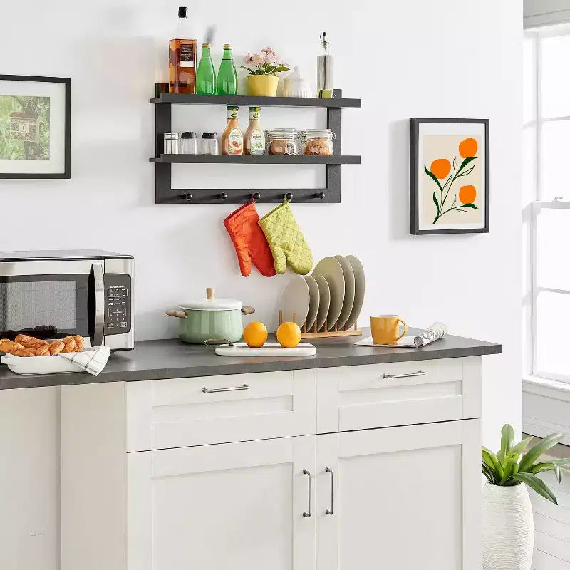 29 x 16 2-Tier Ledge Wall Shelf Organizer with Five Hanging Hooks - Danya B.