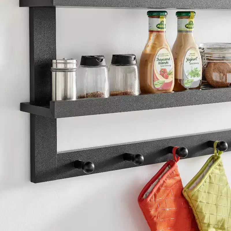 29 x 16 2-Tier Ledge Wall Shelf Organizer with Five Hanging Hooks - Danya B.