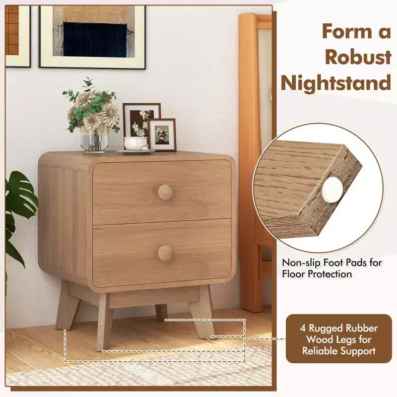Costway 1/2 PCS Modern Style 2-Drawer Nightstand Bedside Table with Solid Rubber Wood Legs Brown