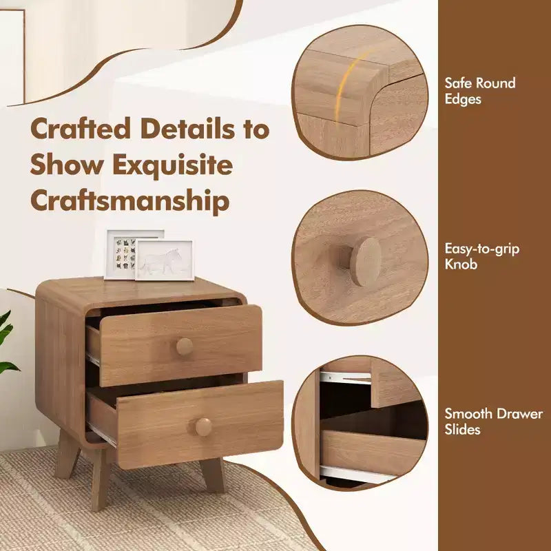 Costway 1/2 PCS Modern Style 2-Drawer Nightstand Bedside Table with Solid Rubber Wood Legs Brown
