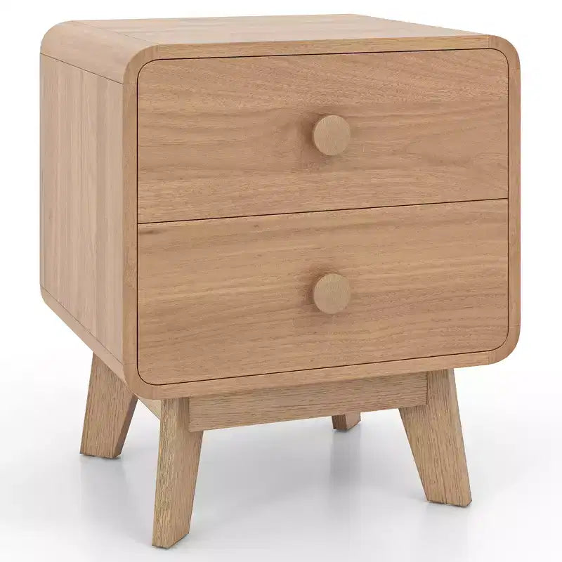 Costway 1/2 PCS Modern Style 2-Drawer Nightstand Bedside Table with Solid Rubber Wood Legs Brown