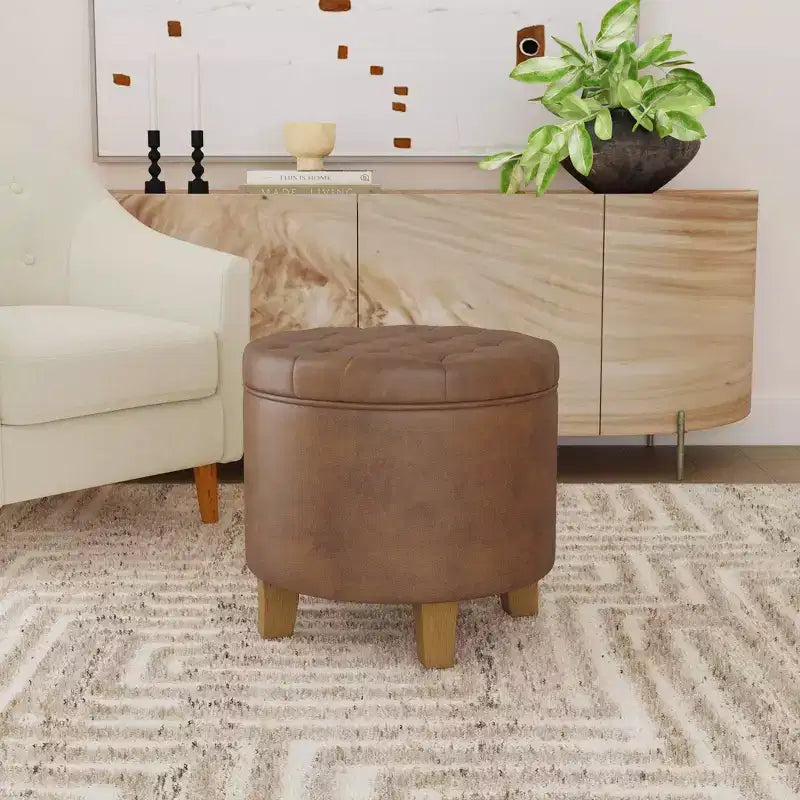 Round Storage Ottoman Faux Leather - HomePop