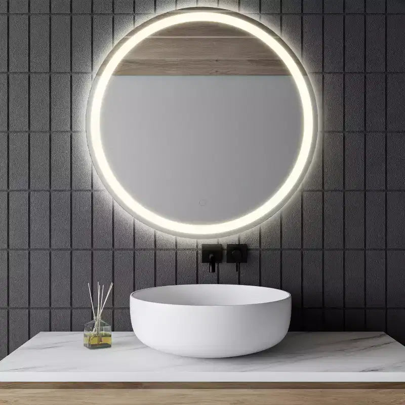 Specchio da bagno senza cornice rotondo piccolo Dane con illuminazione frontale/posteriore antiappannamento a tre colori e touch intelligente - JONATHAN Y