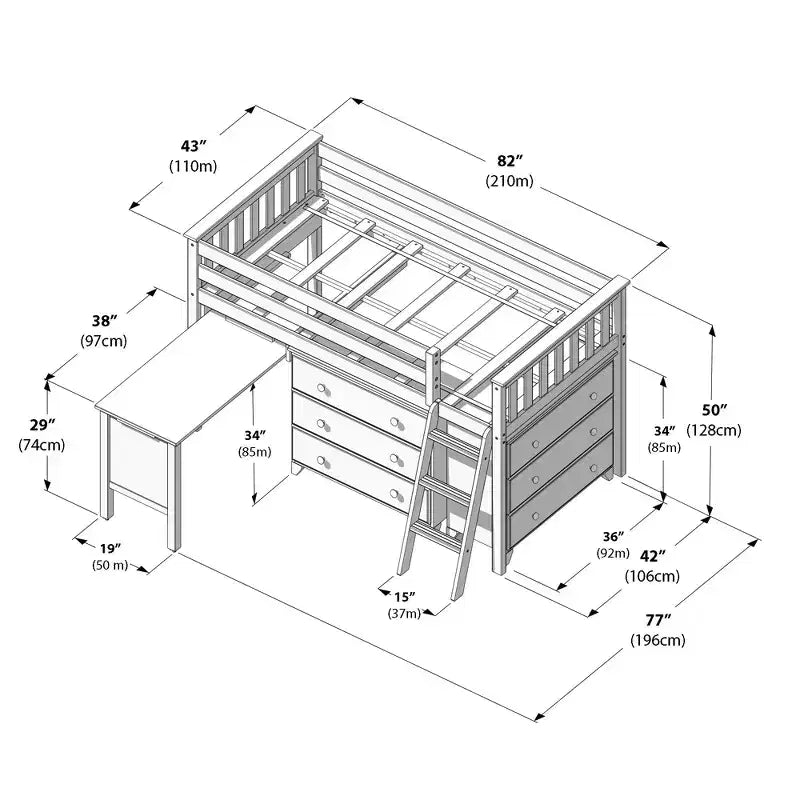 Max & Lily Twin-Size Low Loft with Pull-Out Desk and 3-Drawer Dressers