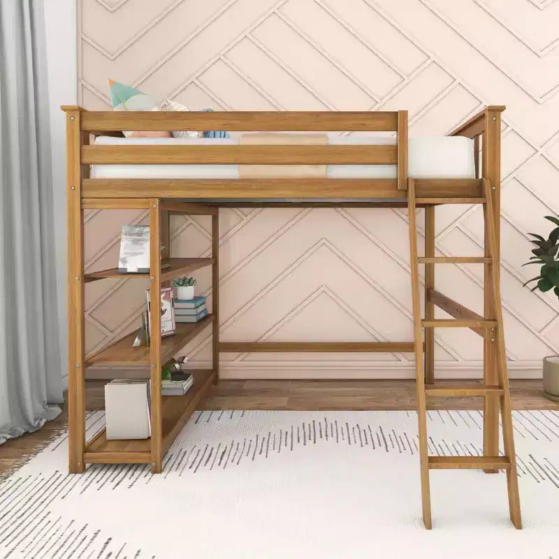Max & Lily Full Size High Loft Bed with Ladder and Bookcase, Solid Wood Frame, Space Saving, 400 lbs Weight Capacity, Easy Assembly