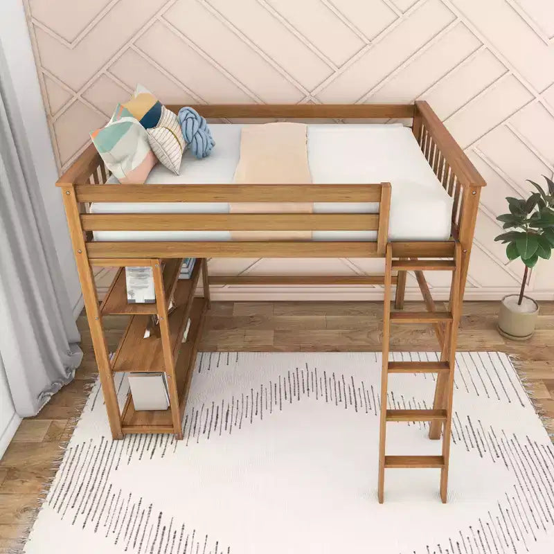 Max & Lily Full Size High Loft Bed with Ladder and Bookcase, Solid Wood Frame, Space Saving, 400 lbs Weight Capacity, Easy Assembly