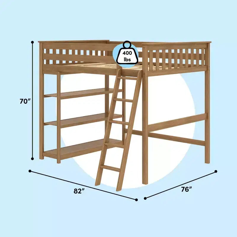 Max & Lily Full Size High Loft Bed with Ladder and Bookcase, Solid Wood Frame, Space Saving, 400 lbs Weight Capacity, Easy Assembly