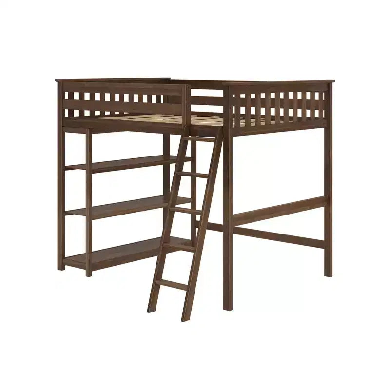 Max & Lily Full Size High Loft Bed with Ladder and Bookcase, Solid Wood Frame, Space Saving, 400 lbs Weight Capacity, Easy Assembly