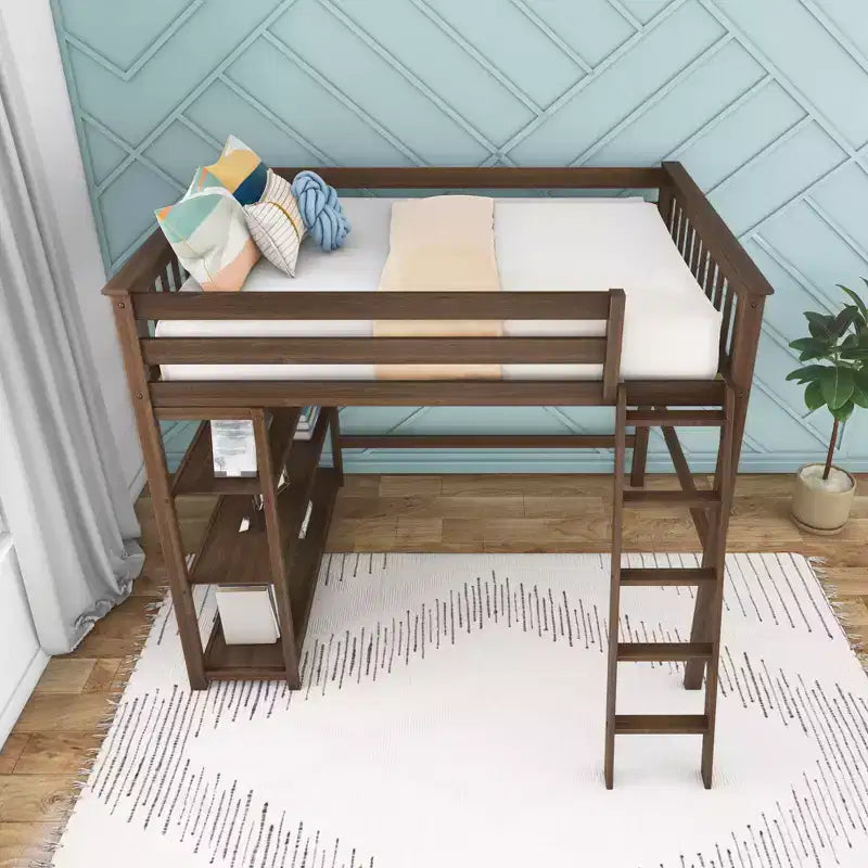 Max & Lily Full Size High Loft Bed with Ladder and Bookcase, Solid Wood Frame, Space Saving, 400 lbs Weight Capacity, Easy Assembly