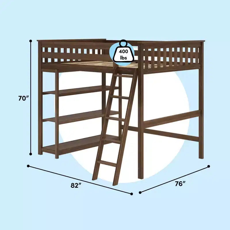Max & Lily Full Size High Loft Bed with Ladder and Bookcase, Solid Wood Frame, Space Saving, 400 lbs Weight Capacity, Easy Assembly