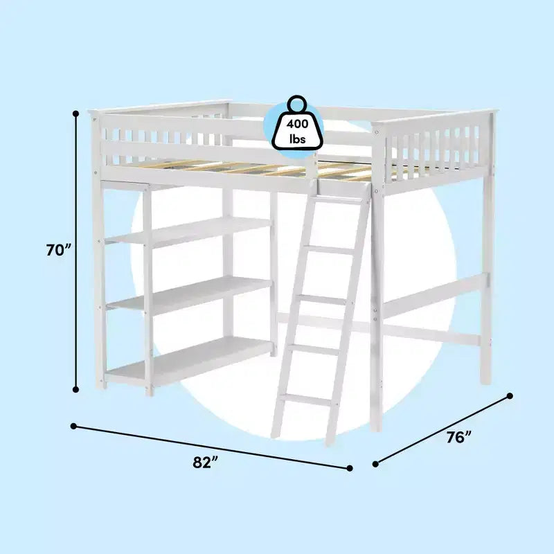 Max & Lily Full Size High Loft Bed with Ladder and Bookcase, Solid Wood Frame, Space Saving, 400 lbs Weight Capacity, Easy Assembly