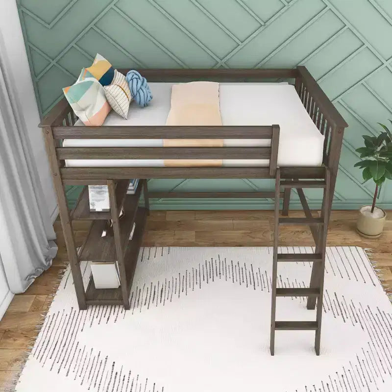 Max & Lily Full Size High Loft Bed with Ladder and Bookcase, Solid Wood Frame, Space Saving, 400 lbs Weight Capacity, Easy Assembly