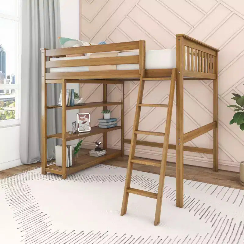 Max & Lily Full Size High Loft Bed with Ladder and Bookcase, Solid Wood Frame, Space Saving, 400 lbs Weight Capacity, Easy Assembly