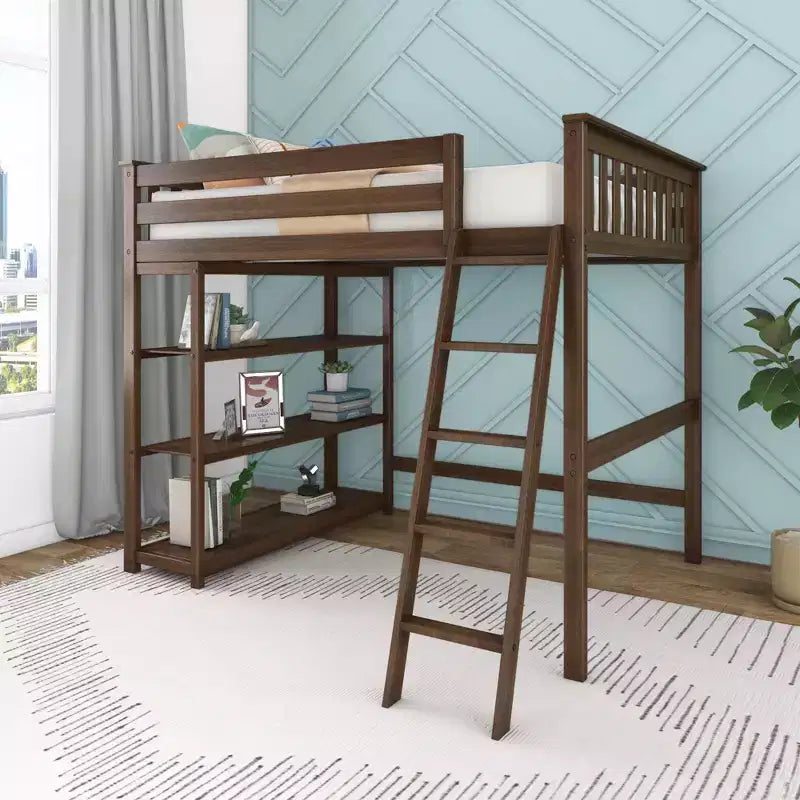 Max & Lily Full Size High Loft Bed with Ladder and Bookcase, Solid Wood Frame, Space Saving, 400 lbs Weight Capacity, Easy Assembly