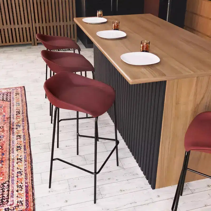 LeisureMod Servos Modern Barstool in Upholstered Faux Leather and Black Iron Frame