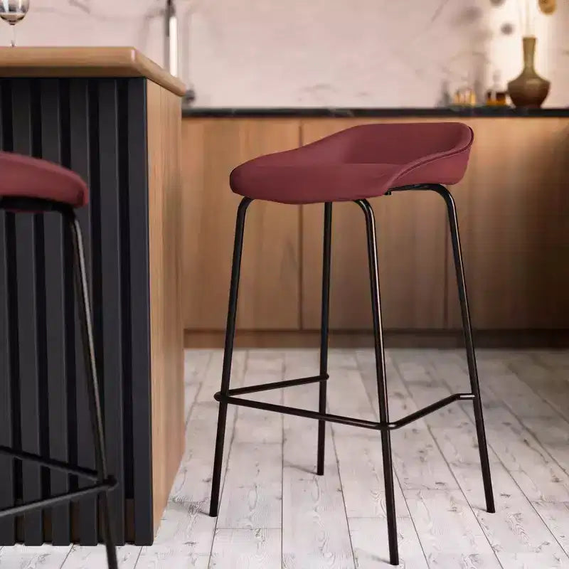LeisureMod Servos Modern Barstool in Upholstered Faux Leather and Black Iron Frame