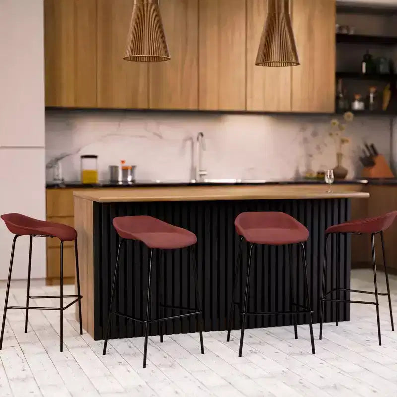 LeisureMod Servos Modern Barstool in Upholstered Faux Leather and Black Iron Frame