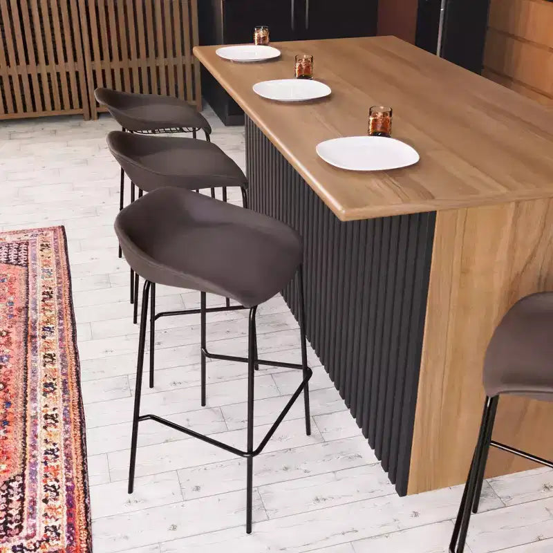 LeisureMod Servos Modern Barstool in Upholstered Faux Leather and Black Iron Frame