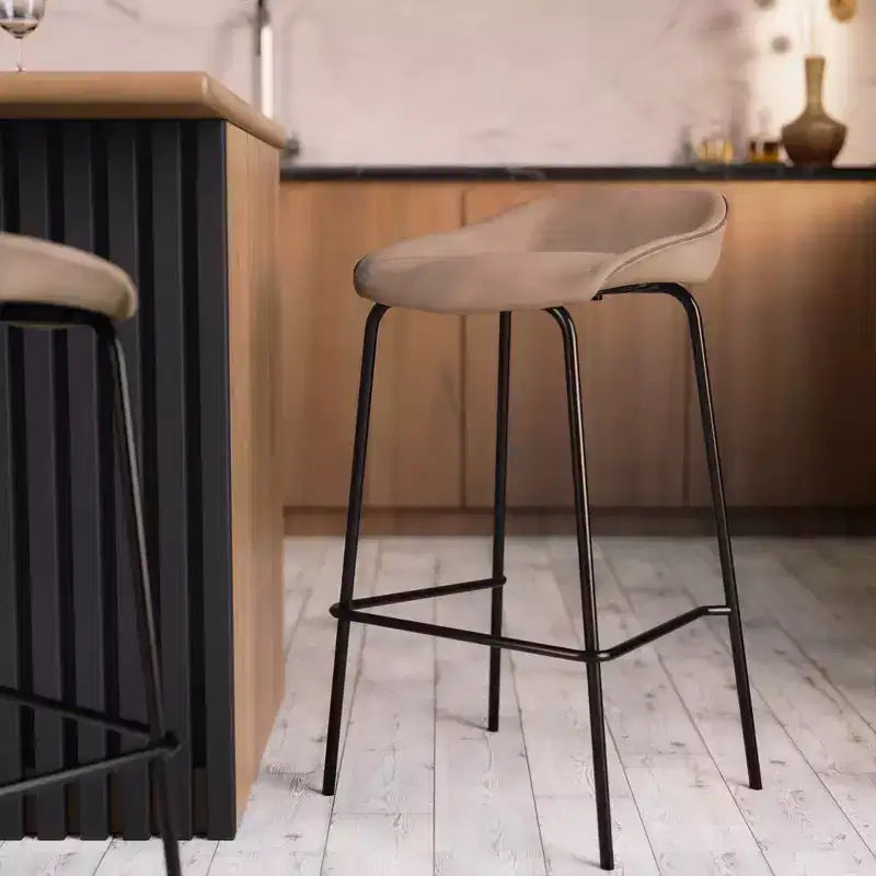 LeisureMod Servos Modern Barstool in Upholstered Faux Leather and Black Iron Frame