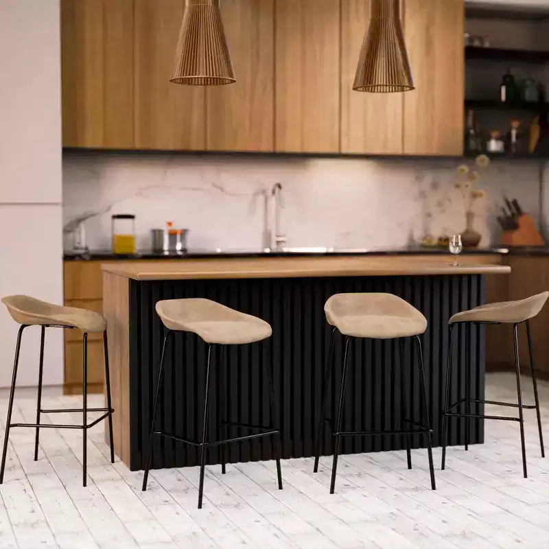 LeisureMod Servos Modern Barstool in Upholstered Faux Leather and Black Iron Frame
