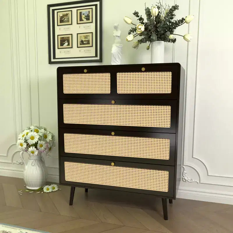Comò a 6/4 cassetti, Cassettiera moderna in rattan con maniglie in metallo, Credenza con mobile contenitore, Nero 4M - ModernLuxe