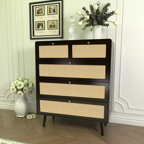 6/4-Drawer Dresser, Modern Rattan Dresser Chest with Metal Handles, Storage Cabinet Sideboard, Black 4M - ModernLuxe