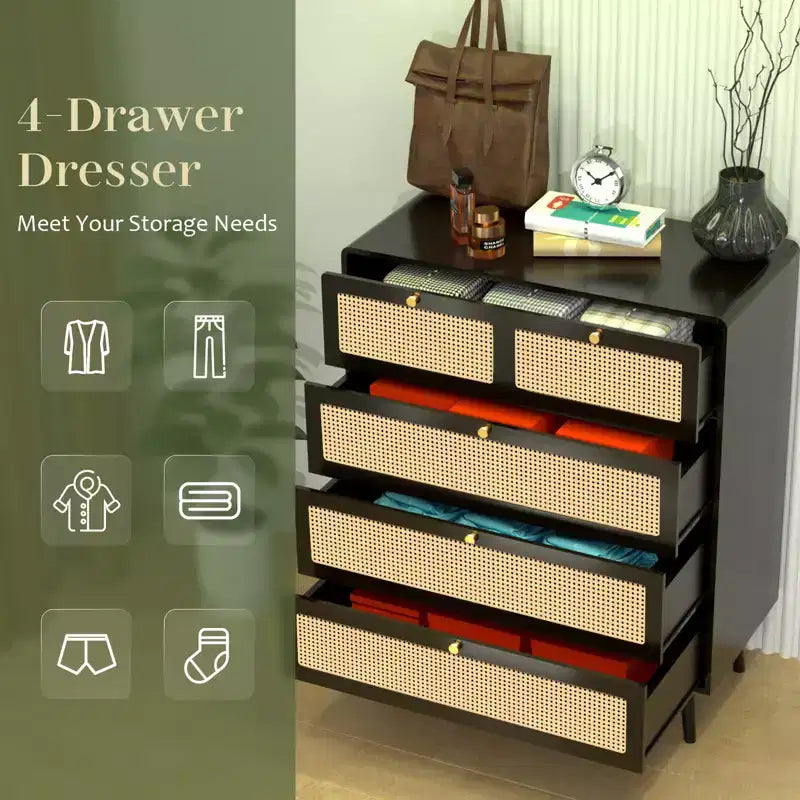 Comò a 6/4 cassetti, Cassettiera moderna in rattan con maniglie in metallo, Credenza con mobile contenitore, Nero 4M - ModernLuxe