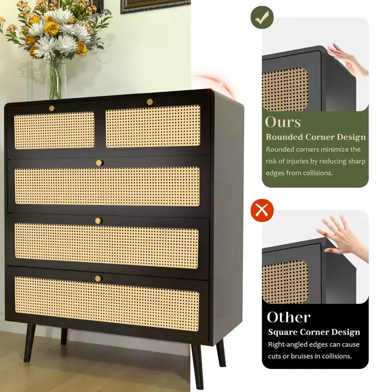 Comò a 6/4 cassetti, Cassettiera moderna in rattan con maniglie in metallo, Credenza con mobile contenitore, Nero 4M - ModernLuxe