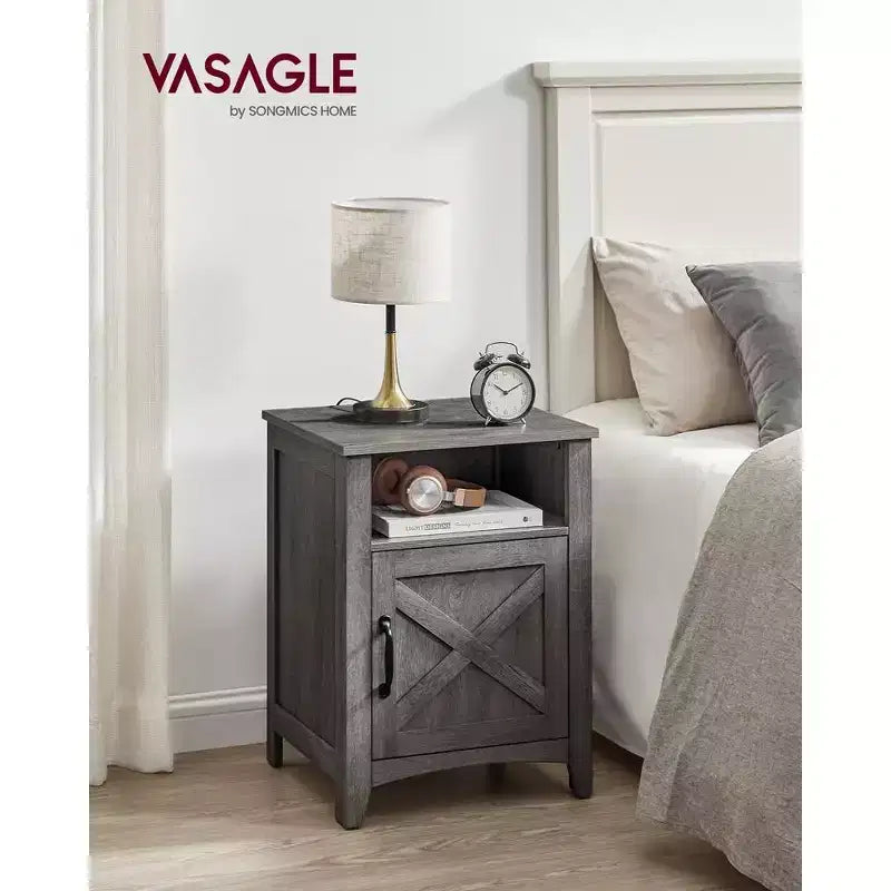 VASAGLE Farmhouse Nightstand with Barn Door, Bedside Table with Storage, Side End Table, Night Stand with Open Compartment