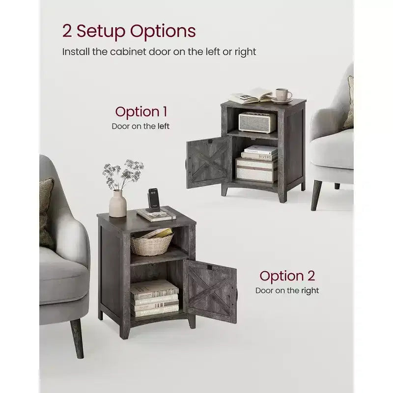 VASAGLE Farmhouse Nightstand with Barn Door, Bedside Table with Storage, Side End Table, Night Stand with Open Compartment