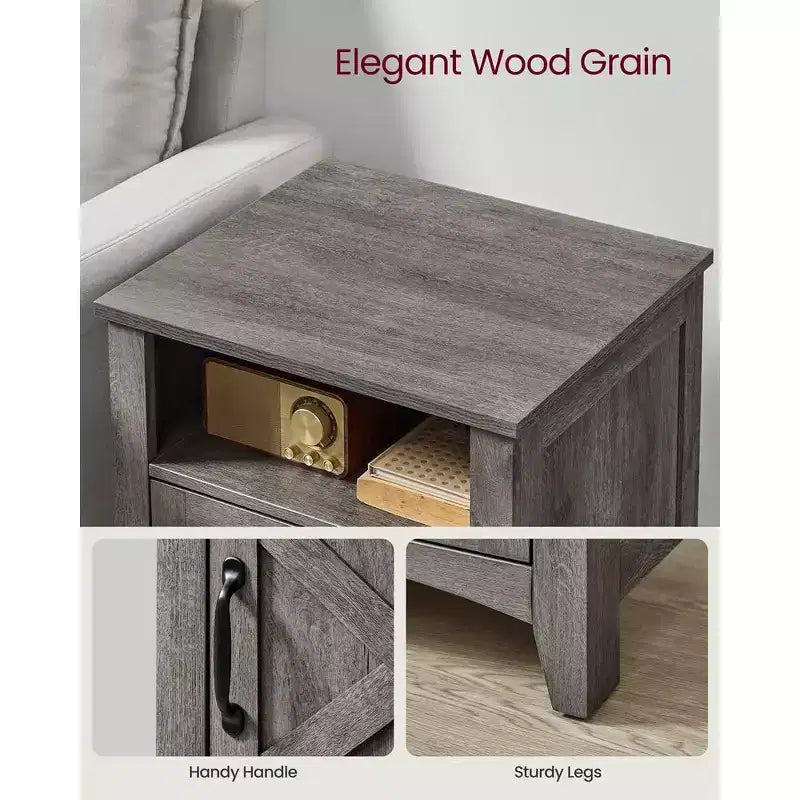 VASAGLE Farmhouse Nightstand with Barn Door, Bedside Table with Storage, Side End Table, Night Stand with Open Compartment