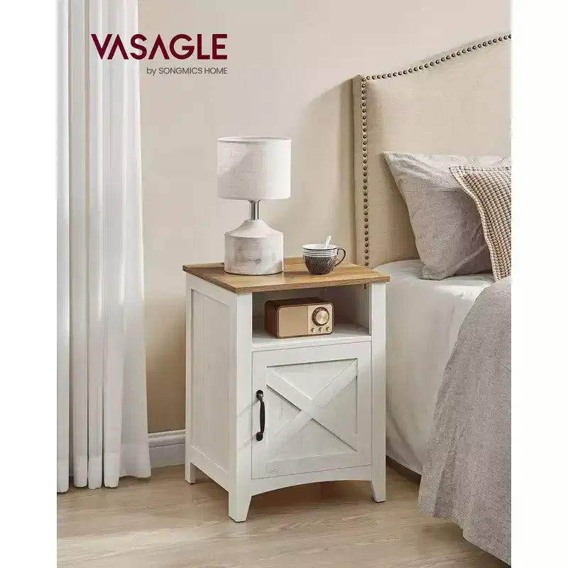 VASAGLE Farmhouse Nightstand with Barn Door, Bedside Table with Storage, Side End Table, Night Stand with Open Compartment