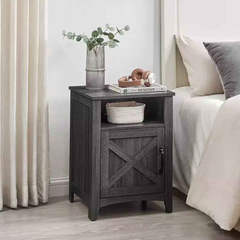 VASAGLE Farmhouse Nightstand with Barn Door, Bedside Table with Storage, Side End Table, Night Stand with Open Compartment