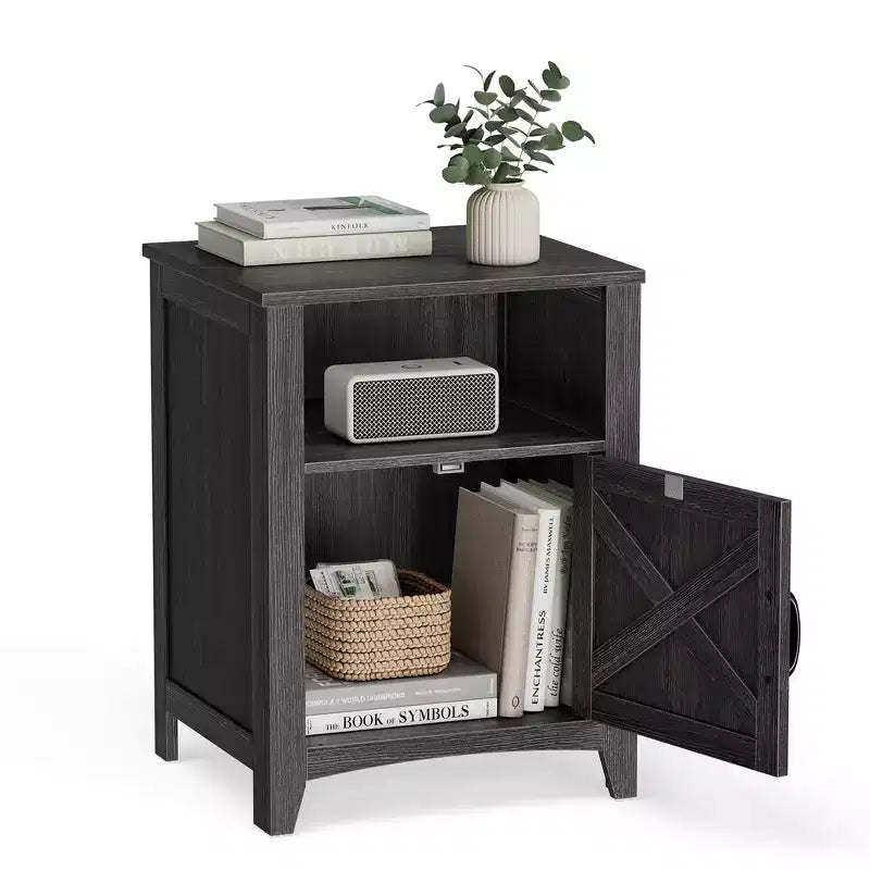 VASAGLE Farmhouse Nightstand with Barn Door, Bedside Table with Storage, Side End Table, Night Stand with Open Compartment