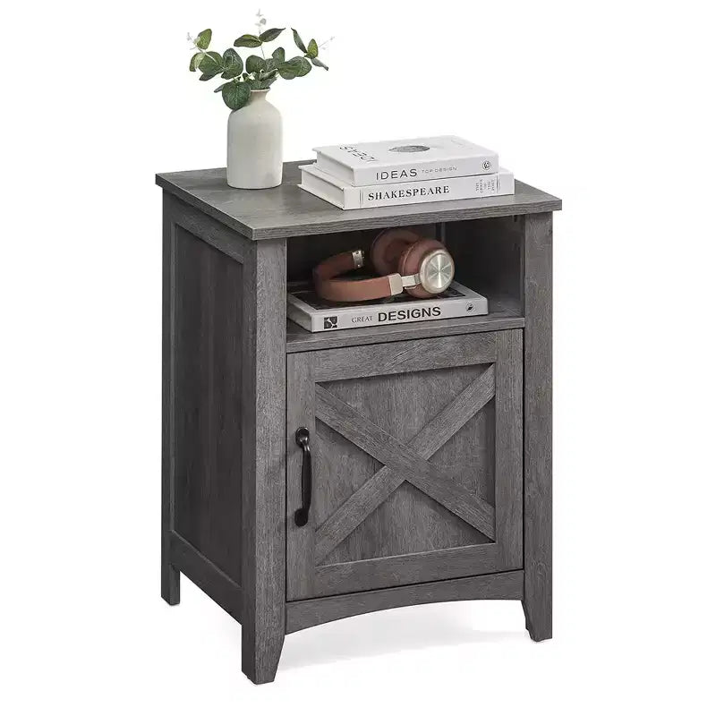 VASAGLE Farmhouse Nightstand with Barn Door, Bedside Table with Storage, Side End Table, Night Stand with Open Compartment
