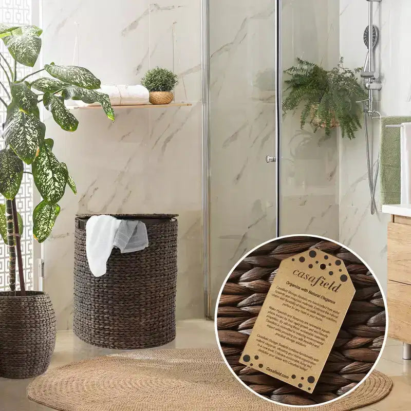 Casafield Half Moon Laundry Hamper with Lid and Removable Liner Bag, Woven Water Hyacinth Laundry Basket for Clothes, Towels