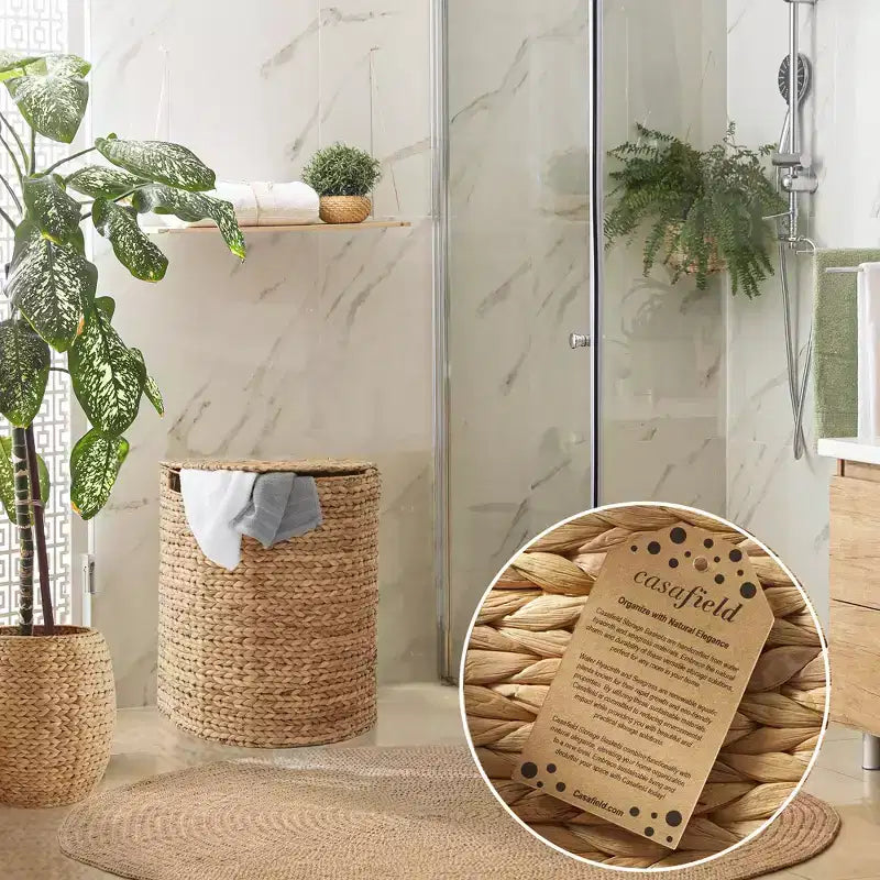 Casafield Half Moon Laundry Hamper with Lid and Removable Liner Bag, Woven Water Hyacinth Laundry Basket for Clothes, Towels