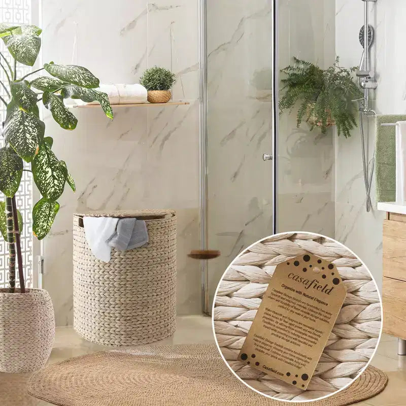 Casafield Half Moon Laundry Hamper with Lid and Removable Liner Bag, Woven Water Hyacinth Laundry Basket for Clothes, Towels