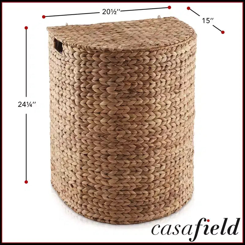 Casafield Half Moon Laundry Hamper with Lid and Removable Liner Bag, Woven Water Hyacinth Laundry Basket for Clothes, Towels