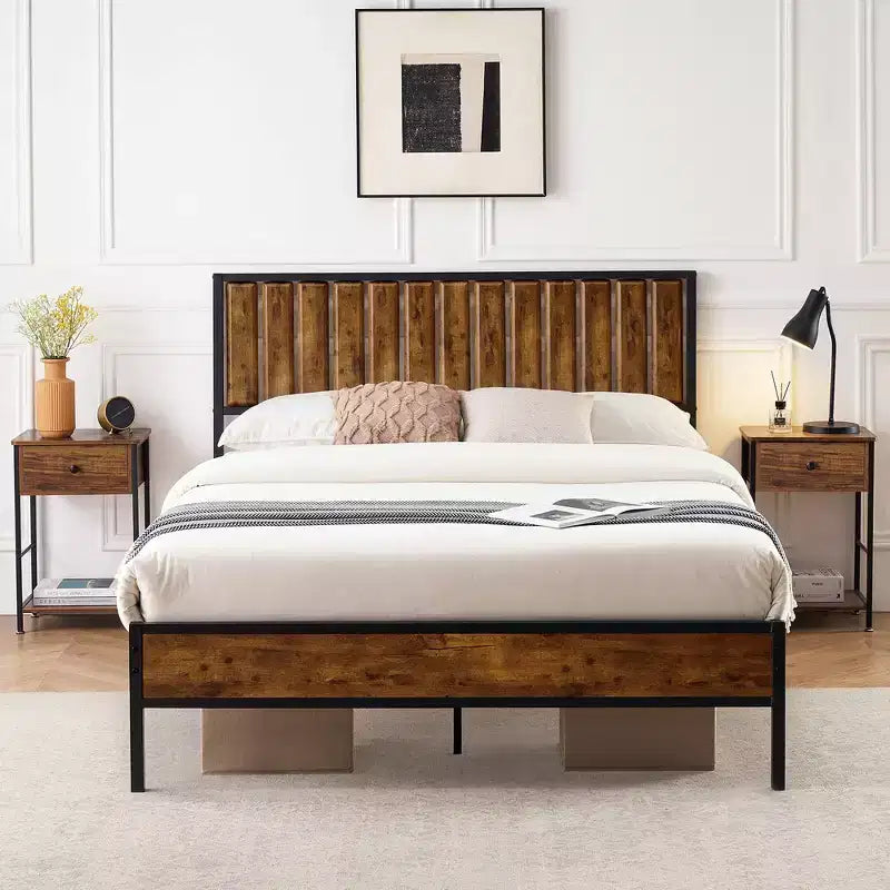 Full Size Bed Frame with Wood Headboard,Metal Bed Frame with 14 Heavy Duty Steel Slats,No Box Spring Needed,Noise-Free,Retro Brown