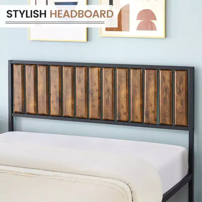 Full Size Bed Frame with Wood Headboard,Metal Bed Frame with 14 Heavy Duty Steel Slats,No Box Spring Needed,Noise-Free,Retro Brown