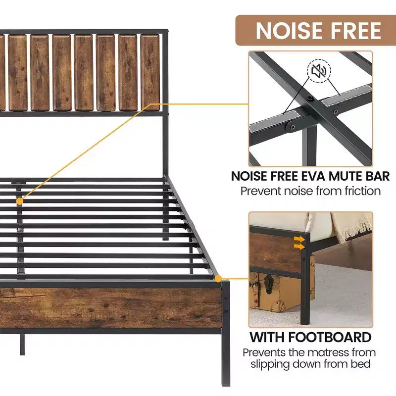 Full Size Bed Frame with Wood Headboard,Metal Bed Frame with 14 Heavy Duty Steel Slats,No Box Spring Needed,Noise-Free,Retro Brown