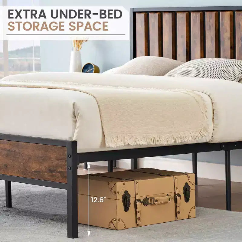 Full Size Bed Frame with Wood Headboard,Metal Bed Frame with 14 Heavy Duty Steel Slats,No Box Spring Needed,Noise-Free,Retro Brown