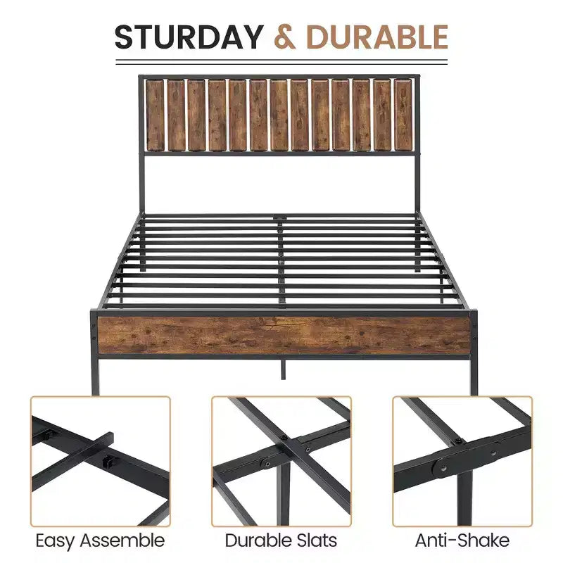 Full Size Bed Frame with Wood Headboard,Metal Bed Frame with 14 Heavy Duty Steel Slats,No Box Spring Needed,Noise-Free,Retro Brown